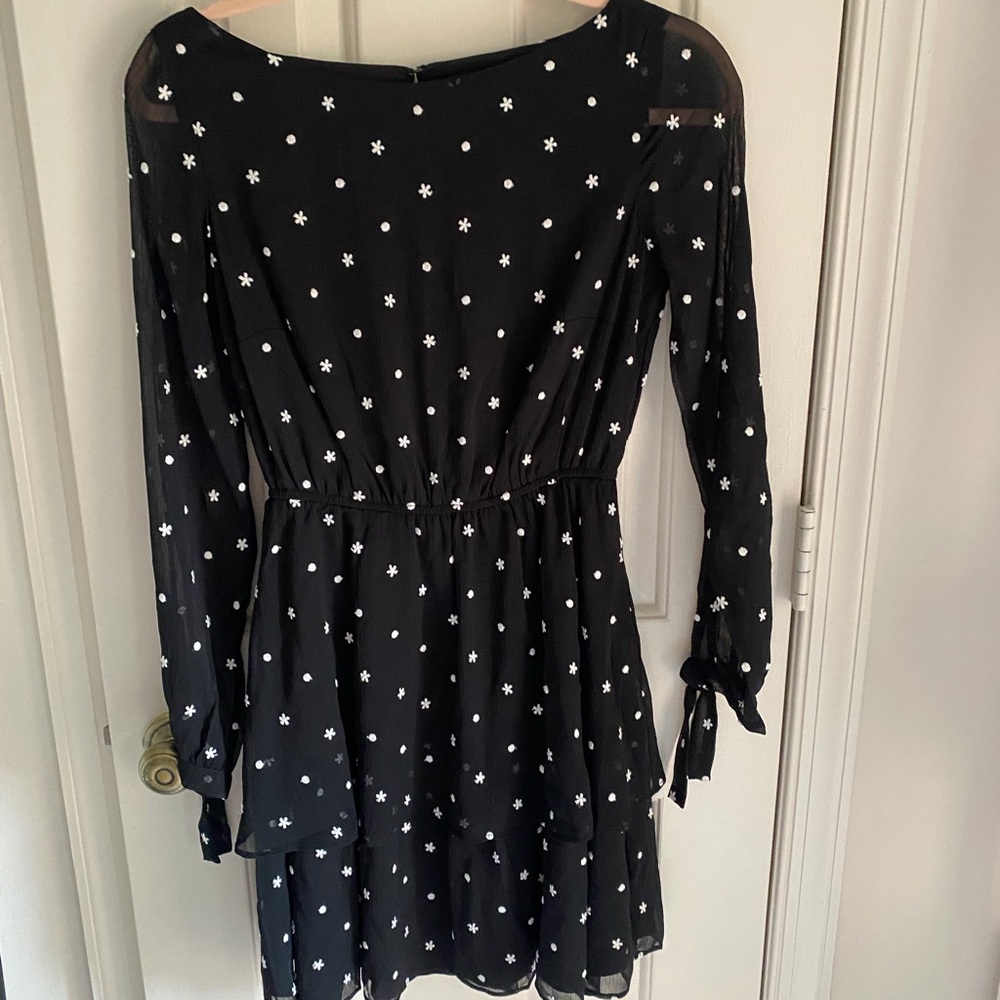 Ann Taylor Black Mini Dress with White Dot & Floral Embroidery